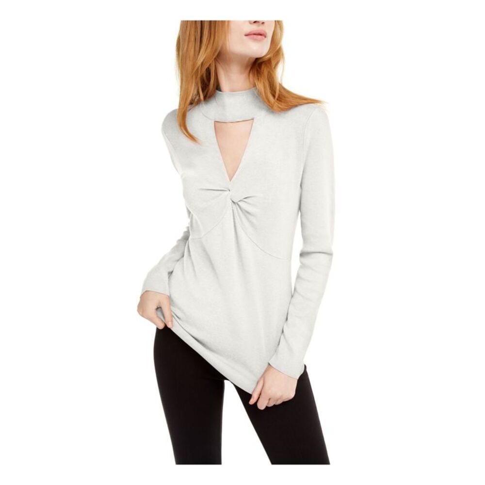 INC Womens White Long Sleeve Keyhole Sweater S